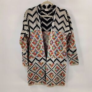 Debut Small Aztec Open Front Cardigan Sweater Black Multicolor